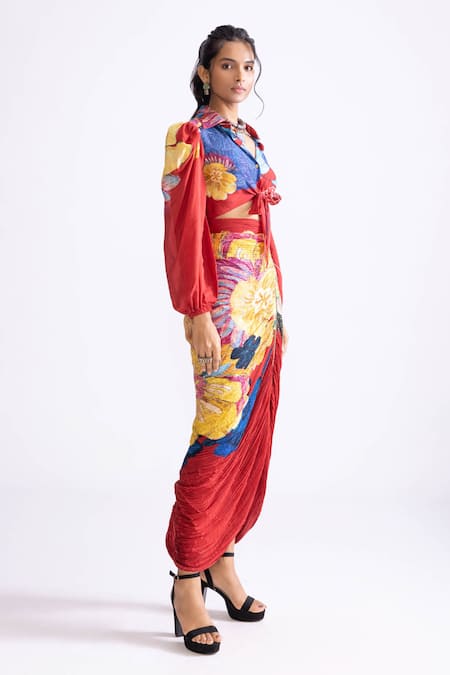 Shop_Saaksha & Kinni_Red Cotton, Silk Embroidery Collared Bella Daisy Print Tie Up Shirt _Online_at_Aza_Fashions