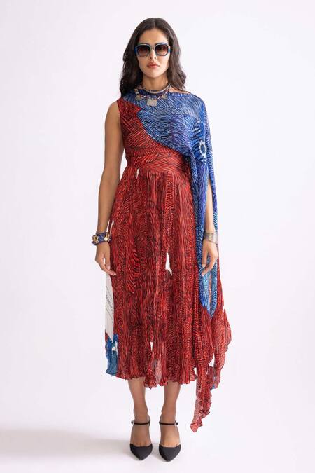 Saaksha & Kinni_Red Silk, Satin Round Neck Abigail Wave Print Asymmetric Dress _Online_at_Aza_Fashions