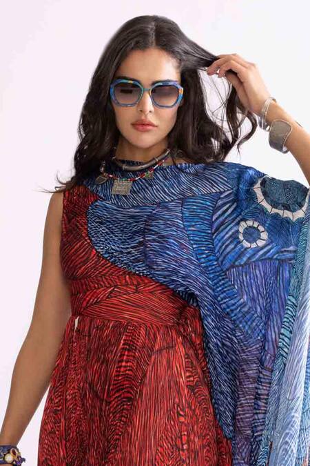 Buy_Saaksha & Kinni_Red Silk, Satin Round Neck Abigail Wave Print Asymmetric Dress _Online_at_Aza_Fashions