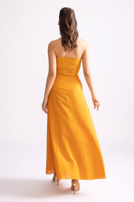 Shop_Saaksha & Kinni_Yellow Cotton Sweetheart Neck Hazel Daisy Print A-line Dress_at_Aza_Fashions