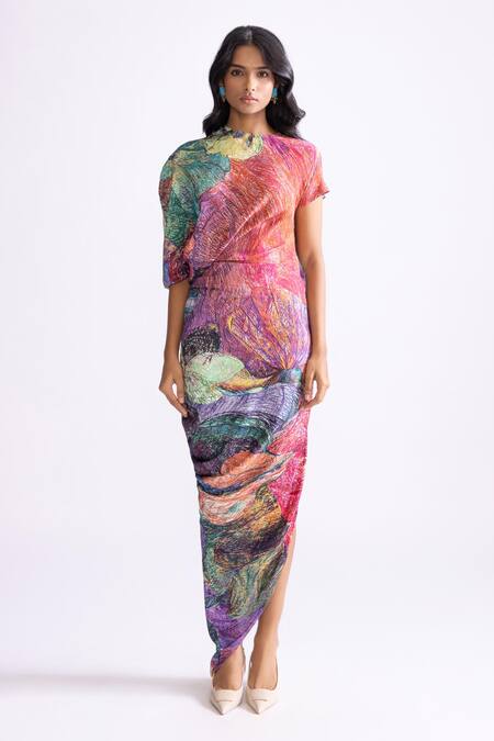Saaksha & Kinni_Multi Color Silk Round Neck Kai Print Kaftan Style Dress _Online_at_Aza_Fashions