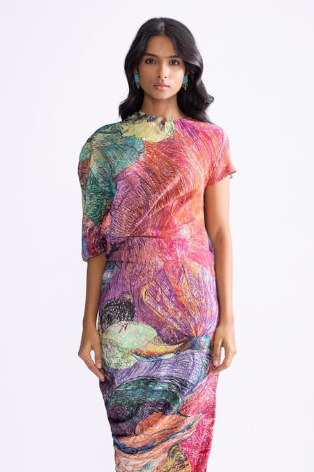 Buy_Saaksha & Kinni_Multi Color Silk Round Neck Kai Print Kaftan Style Dress _Online_at_Aza_Fashions