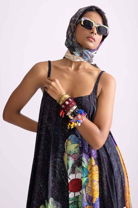 Buy_Saaksha & Kinni_Black Crepe Square Neck Swing Tribal Print Pleated Dress _Online_at_Aza_Fashions