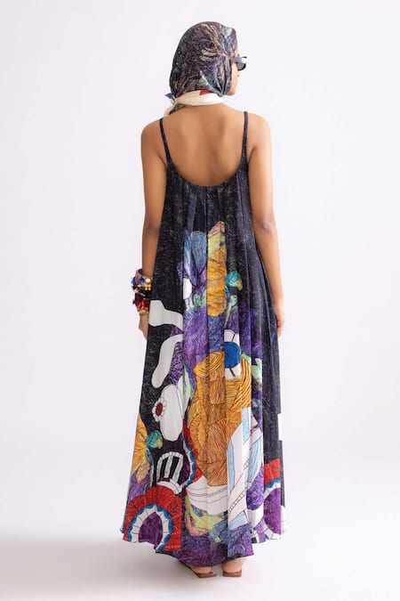 Shop_Saaksha & Kinni_Black Crepe Square Neck Swing Tribal Print Pleated Dress _at_Aza_Fashions