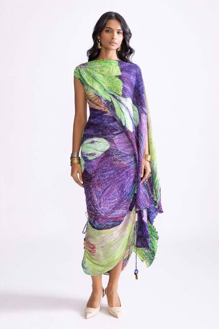 Saaksha & Kinni_Green Satin Embroidery Crew Neck Kathy Daisy Print Asymmetric Dress _Online_at_Aza_Fashions