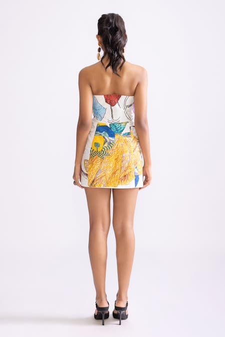 Shop_Saaksha & Kinni_Multi Color Poplin Sweetheart Neck Mimi Tribal Print Strapless Dress _at_Aza_Fashions