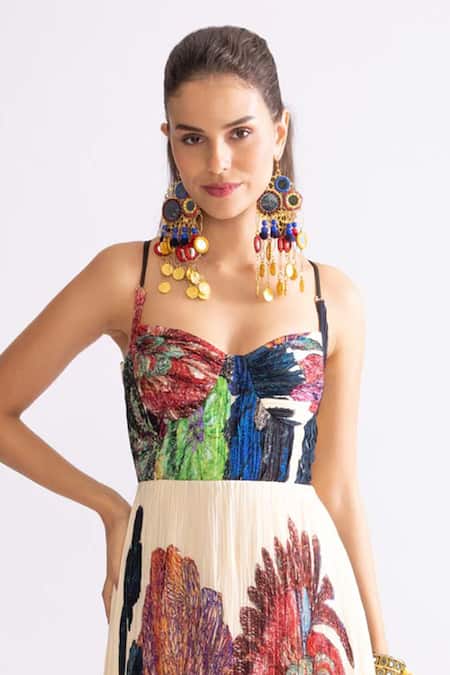 Buy_Saaksha & Kinni_Multi Color Chiffon Sweetheart Neck Kiara Daisy Print Pleated Dress _Online_at_Aza_Fashions