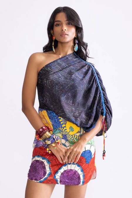 Saaksha & Kinni_Black Satin Asymmetric Dora Tribal Print Draped Dress _Online_at_Aza_Fashions