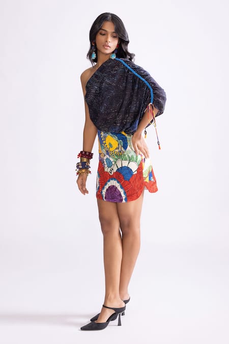 Buy_Saaksha & Kinni_Black Satin Asymmetric Dora Tribal Print Draped Dress _Online_at_Aza_Fashions