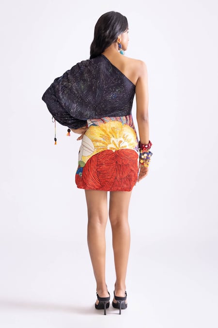 Shop_Saaksha & Kinni_Black Satin Asymmetric Dora Tribal Print Draped Dress _at_Aza_Fashions