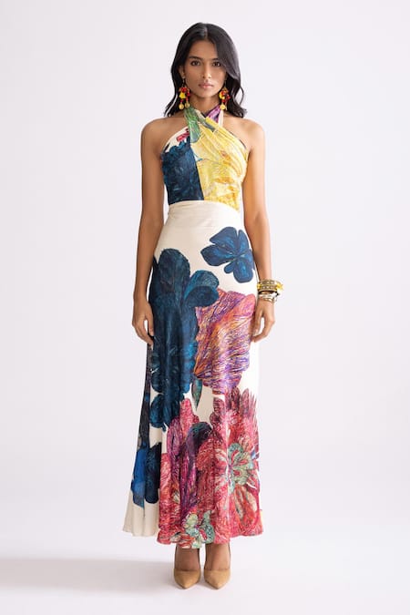 Saaksha & Kinni_Multi Color Silk Halter Neck Shailee Daisy Print Dress _Online_at_Aza_Fashions