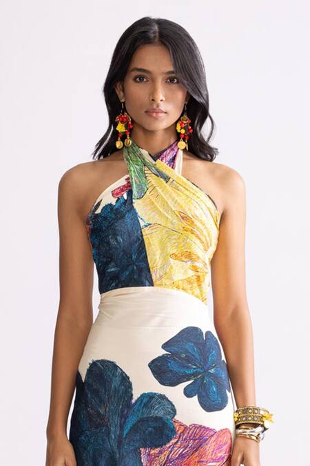 Buy Saaksha & Kinni Multi Color Silk Halter Neck Shailee Daisy Print Dress Online at Aza Fashions Buy_Saaksha & Kinni_Multi Color Silk Halter Neck Shailee Daisy Print Dress _Online_at_Aza_Fashions
