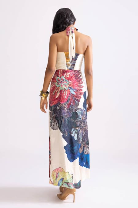 Shop_Saaksha & Kinni_Multi Color Silk Halter Neck Shailee Daisy Print Dress _at_Aza_Fashions