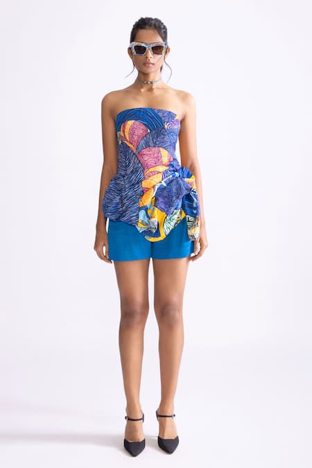 Saaksha & Kinni_Blue Muslin Joor High Waist Shorts _Online_at_Aza_Fashions