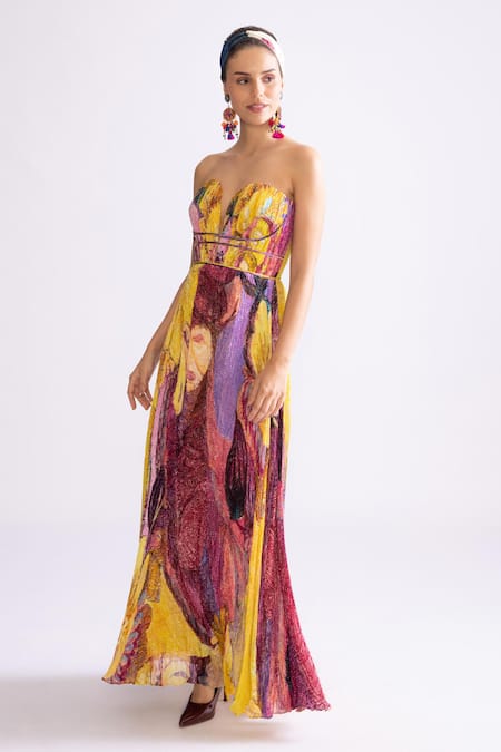 Saaksha & Kinni_Yellow Chiffon Sweetheart Neck Ingrid Daisy Print Corset Dress _Online_at_Aza_Fashions