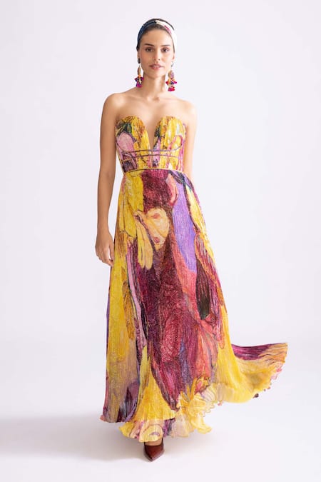Buy_Saaksha & Kinni_Yellow Chiffon Sweetheart Neck Ingrid Daisy Print Corset Dress _Online_at_Aza_Fashions