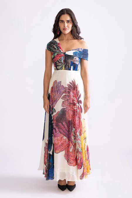 Saaksha & Kinni_Multi Color Chiffon Asymmetric Madeline Daisy Print Tiered Dress _Online_at_Aza_Fashions