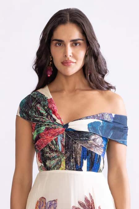 Buy_Saaksha & Kinni_Multi Color Chiffon Asymmetric Madeline Daisy Print Tiered Dress _Online_at_Aza_Fashions