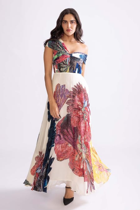 Saaksha & Kinni Multi Color Chiffon Printed Daisy Asymmetric Madeline Tiered Dress 