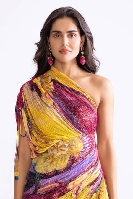Buy_Saaksha & Kinni_Yellow Cotton, Silk One Shoulder Mira Daisy Print Dress _Online_at_Aza_Fashions