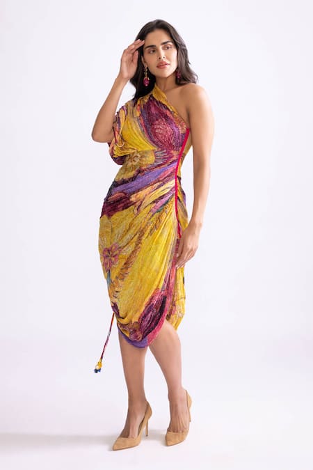 Saaksha & Kinni Yellow Cotton Silk Printed Daisy Asymmetric Mira One Shoulder Dress 