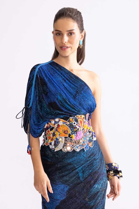 Saaksha & Kinni_Blue Cotton, Silk Asymmetric Mira One Shoulder Pleated Printed Dress _Online_at_Aza_Fashions
