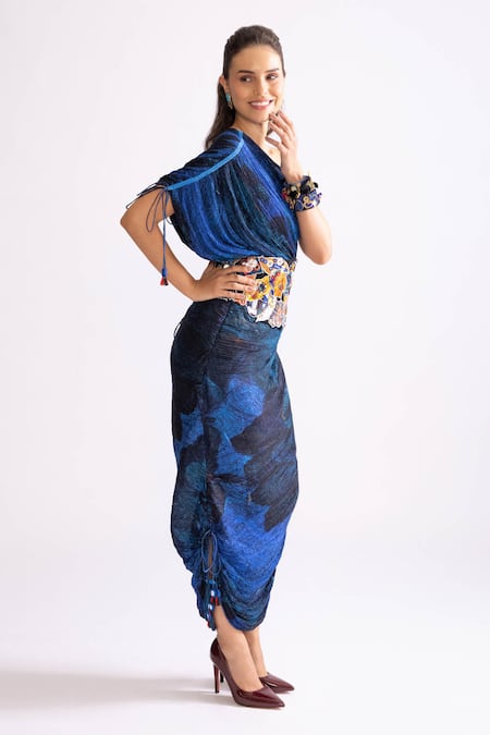 Buy_Saaksha & Kinni_Blue Cotton, Silk Asymmetric Mira One Shoulder Pleated Printed Dress _Online_at_Aza_Fashions