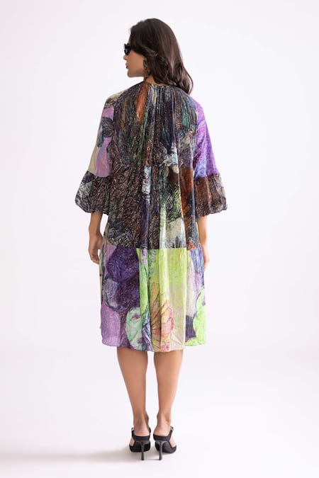 Shop_Saaksha & Kinni_Multi Color Cotton, Silk Round Neck Botanica Tribal Print Dress _at_Aza_Fashions