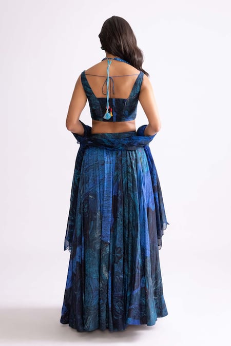 Shop_Saaksha & Kinni_Blue Chiffon, Cotton Satin Mirrors, Embroidery Riley Wave Print Blouse _at_Aza_Fashions