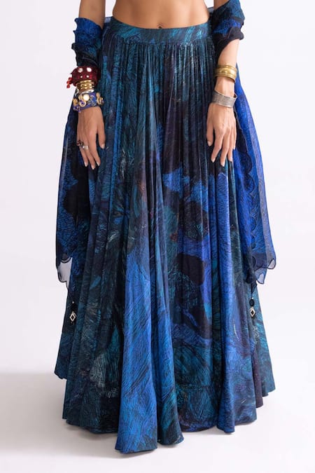 Saaksha & Kinni Blue Chanderi Magnolia Wave Print Lehenga Online at Aza Fashions Saaksha & Kinni_Blue Chanderi Magnolia Wave Print Lehenga _Online_at_Aza_Fashions