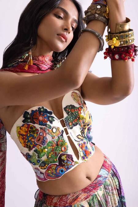 Saaksha & Kinni_Multi Color Satin Mirrors, Embroidery, Patchwork Hoxton Floral Corset_Online_at_Aza_Fashions