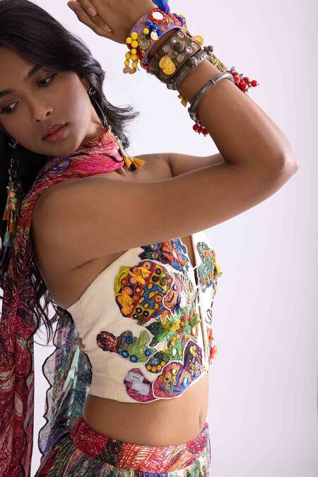 Buy_Saaksha & Kinni_Multi Color Satin Mirrors, Embroidery, Patchwork Hoxton Floral Corset_Online_at_Aza_Fashions
