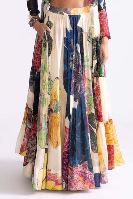 Saaksha & Kinni Multi Color Chanderi Magnolia Daisy Print Lehenga Online at Aza Fashions Saaksha & Kinni_Multi Color Chanderi Magnolia Daisy Print Lehenga _Online_at_Aza_Fashions