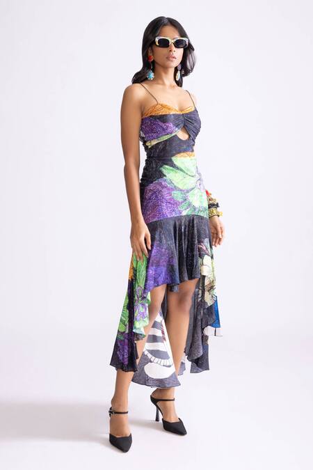 Buy_Saaksha & Kinni_Multi Color Silk Sweetheart Neck Celine Daisy Print Dress _Online_at_Aza_Fashions