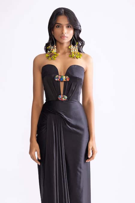 Saaksha & Kinni_Black Satin Mirrors, Embroidery Sweetheart Neck Diamond Placket Dress _Online_at_Aza_Fashions