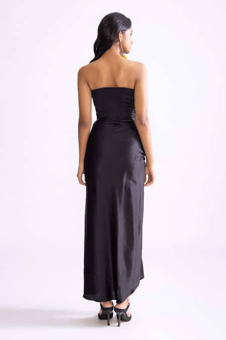 Shop_Saaksha & Kinni_Black Satin Mirrors, Embroidery Sweetheart Neck Diamond Placket Dress _at_Aza_Fashions