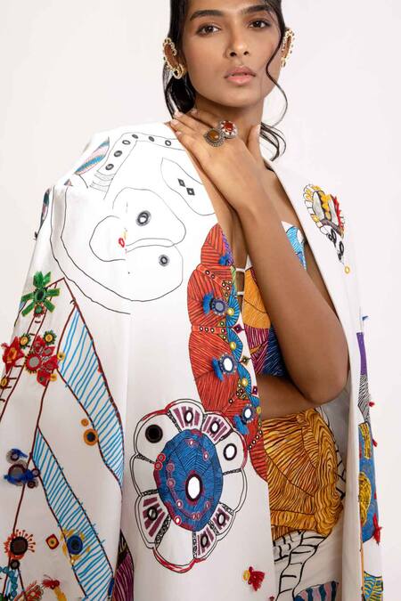 Saaksha & Kinni_Ivory Poplin Beads Sefina Tribal Print Blazer_Online_at_Aza_Fashions