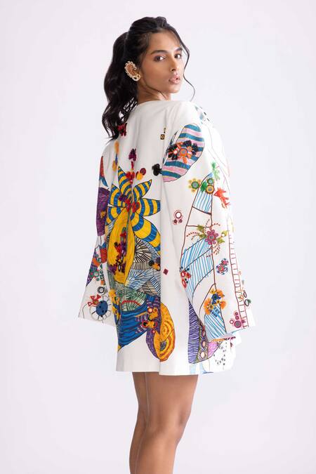 Shop_Saaksha & Kinni_Ivory Poplin Beads Sefina Tribal Print Blazer_Online_at_Aza_Fashions