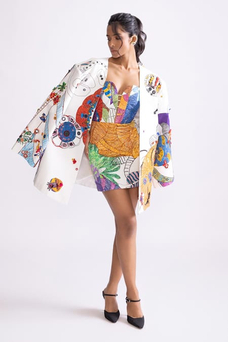 Saaksha & Kinni Ivory Poplin Printed Tribal Open Sefina Blazer 