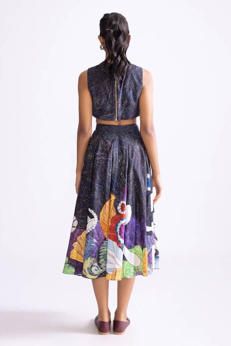 Shop_Saaksha & Kinni_Black Cotton Mirrors, Embroidery Round Neck Flara Wave Print Blouse _at_Aza_Fashions