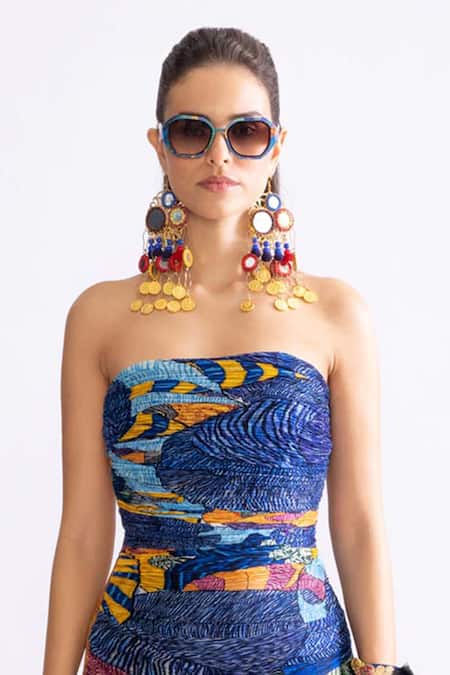 Saaksha & Kinni Blue Chiffon Square Neck Jennifer Tribal Print Dress Online at Aza Fashions Saaksha & Kinni_Blue Chiffon Square Neck Jennifer Tribal Print Dress _Online_at_Aza_Fashions