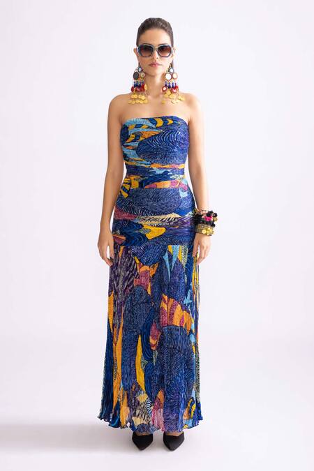 Buy_Saaksha & Kinni_Blue Chiffon Square Neck Jennifer Tribal Print Dress _Online_at_Aza_Fashions