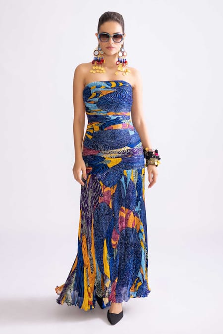 Saaksha & Kinni Blue Chiffon Printed Tribal Straight Neck Jennifer Dress 