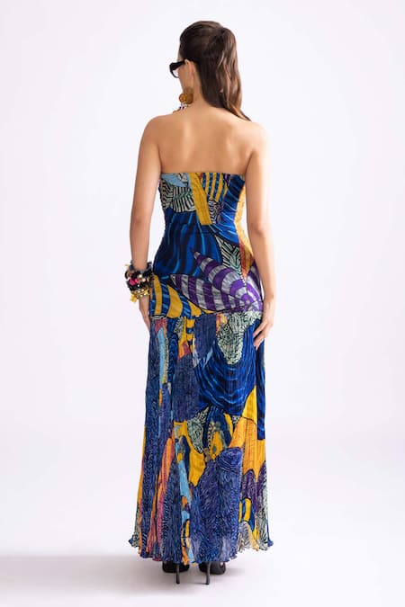 Shop_Saaksha & Kinni_Blue Chiffon Square Neck Jennifer Tribal Print Dress _at_Aza_Fashions