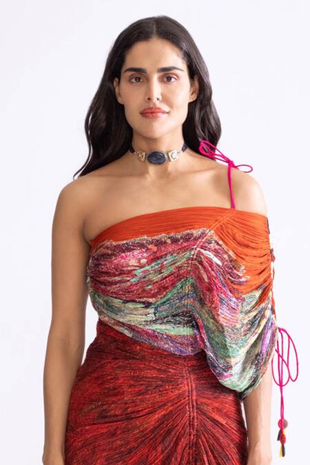 Saaksha & Kinni Red Cotton, Silk Asymmetric Raleigh Wave And Daisy Print Dress Online at Aza Fashions Saaksha & Kinni_Red Cotton, Silk Asymmetric Raleigh Wave And Daisy Print Dress _Online_at_Aza_Fashions