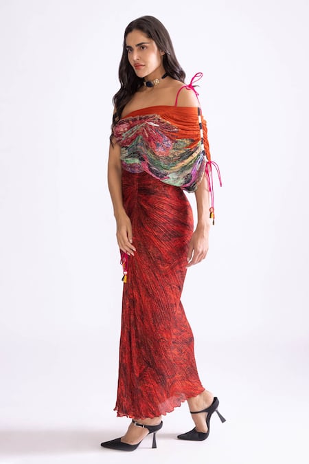 Buy_Saaksha & Kinni_Red Cotton, Silk Asymmetric Raleigh Wave And Daisy Print Dress _Online_at_Aza_Fashions