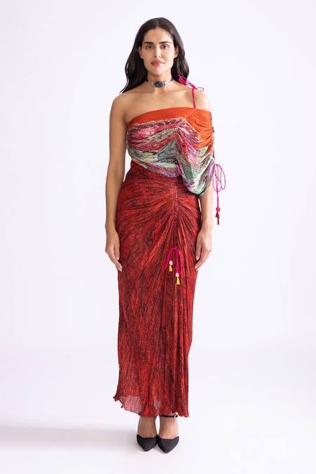 Saaksha & Kinni Red Cotton Silk Printed Wave Asymmetric Raleigh And Daisy Dress 