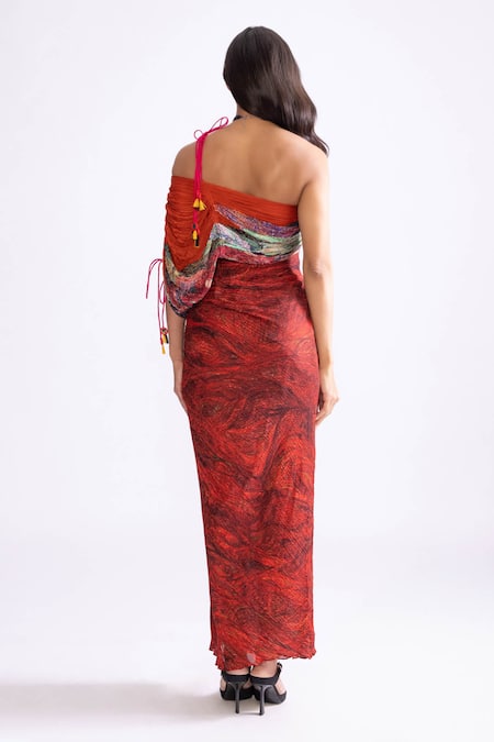 Shop_Saaksha & Kinni_Red Cotton, Silk Asymmetric Raleigh Wave And Daisy Print Dress _at_Aza_Fashions