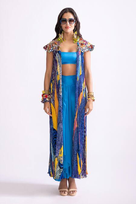 Saaksha & Kinni_Blue Floral Tribal Print Cape_Online_at_Aza_Fashions