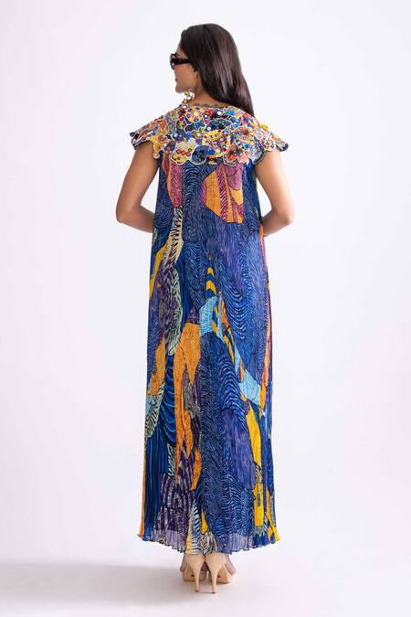 Shop_Saaksha & Kinni_Blue Floral Tribal Print Cape_at_Aza_Fashions